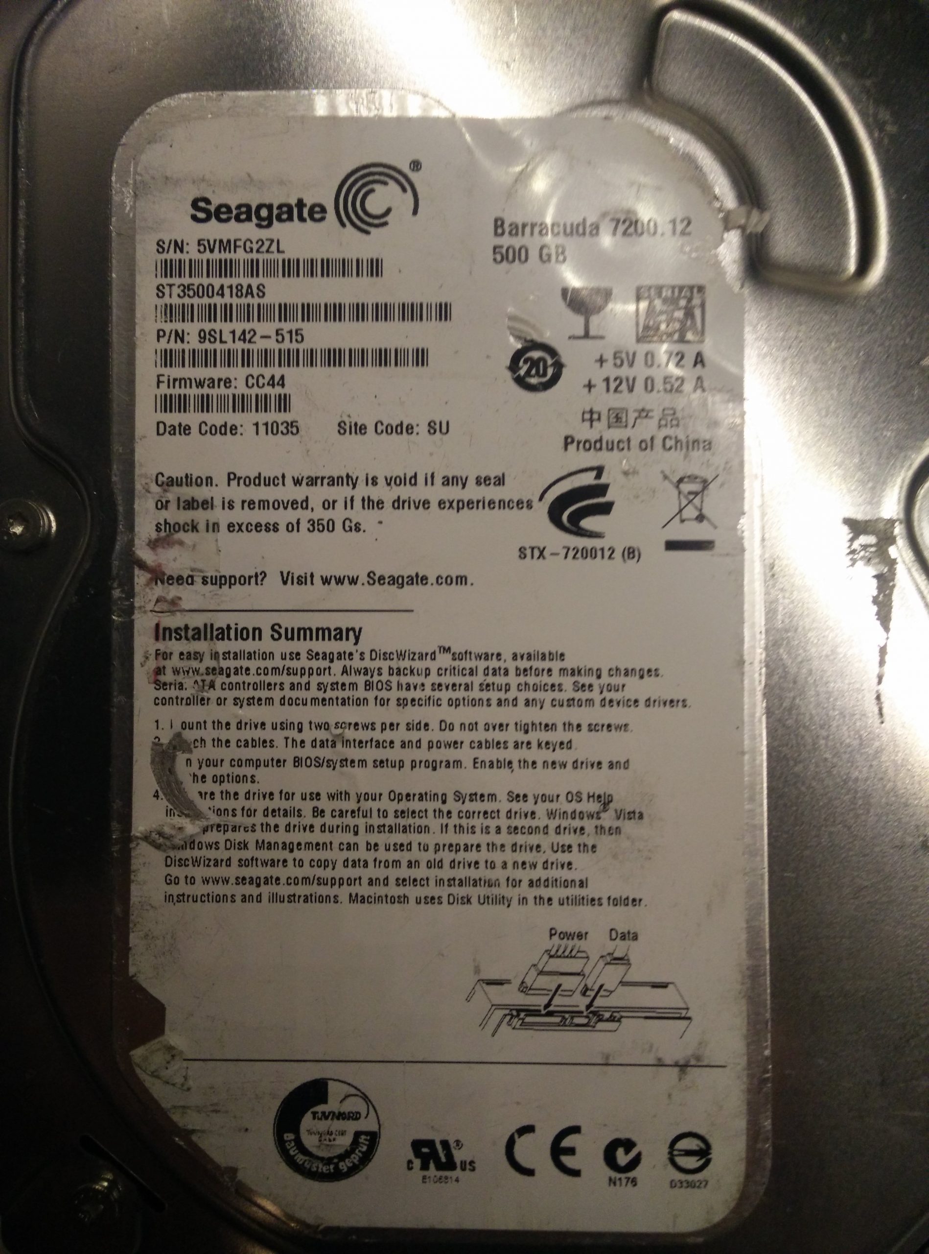 Seagate 500GB SATA 3.5 Hard Drive 5VM FW CC44 PN 9SL142-515 ST3500418AS SU 