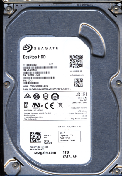 SEAGATE 1TB ST1000DM003 1SB102-500 SN Z9A FW CC43 100774000 DONOR DRIVE