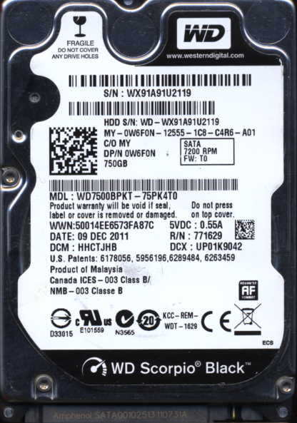 WD 750GB WD7500BPKT-75PK4T0 DCM HHCTJHB TJ 2060-771629-006 DONOR DRIVE