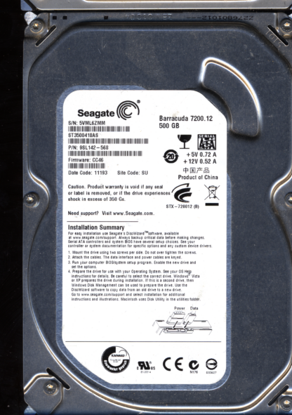 SEAGATE 500GB ST3500418AS 9SL142-568 SN 5VM FW CC46 100532367 DONOR DRIVE