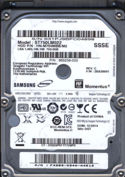 SEAGATE 750GB ST750LM022 665258-003 SN S31 M8 DONOR DRIVE