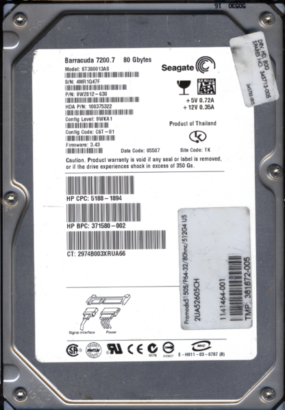 SEAGATE 80GB ST380013AS 9W2812-630 SN 4MR 100328438 DONOR DRIVE