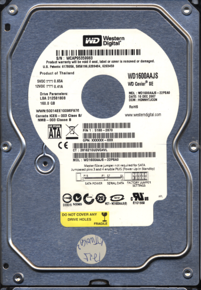 WD 160GB WD1600AAJS-22PSA0 DCM HGNNHTJCGN TJ 2060-701444-004 DONOR DRIVE