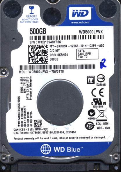 WD 500GB WD5000LPVX-75V0TT0 DCM EBMT2BB T2 2060-771959-000 DONOR DRIVE