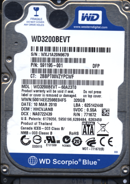 WD 320GB WD3200BEVT-60A23T0 DCM HHCVJANB VJ 2060-771672-004 DONOR DRIVE