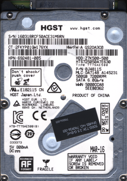 HITACHI 500GB HTS725050A7E630 0J48115 MLC DA7148 2200A9042701 DONOR DRIVE