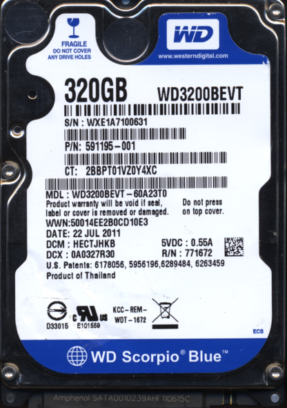 WD 320GB WD3200BEVT-60A23T0 DCM HECTJHKB TJ 2060-771672-004 DONOR DRIVE