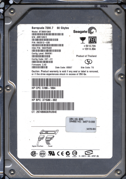 SEAGATE 80GB ST380013AS 9W2812-630 SN 4MR DONOR DRIVE