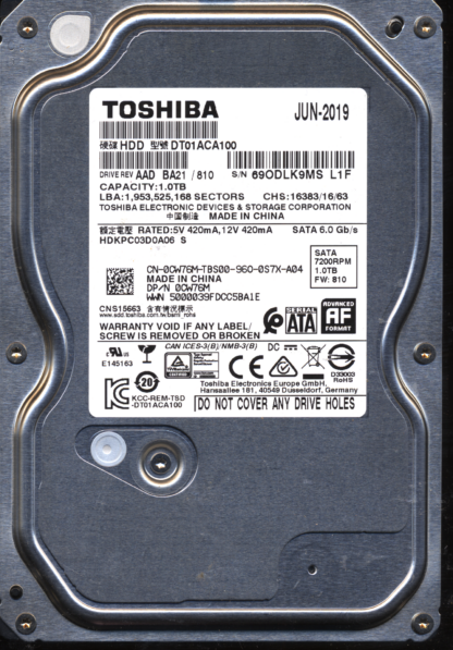 TOSHIBA 1TB DT01ACA100 HDKPC03D0A06 810 2200A9037701 DONOR DRIVE