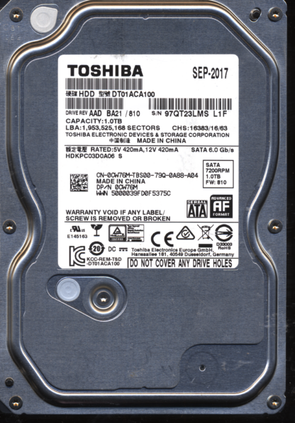 TOSHIBA 1TB DT01ACA100 HDKPC03D0A06 810 2200A9037701 DONOR DRIVE