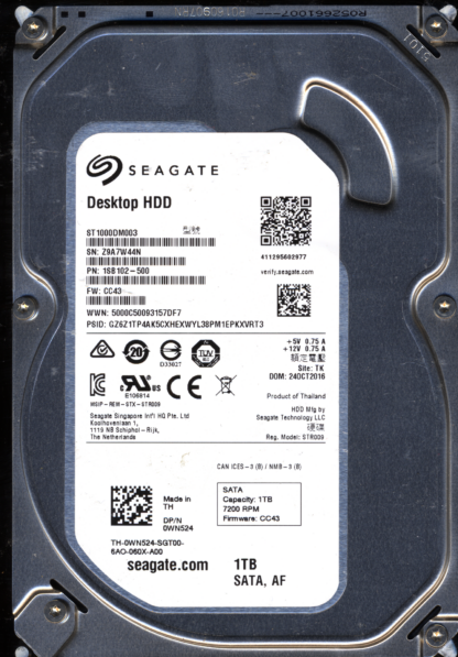 SEAGATE 1TB ST1000DM003 1SB102-500 SN Z9A FW CC43 100774000 DONOR DRIVE