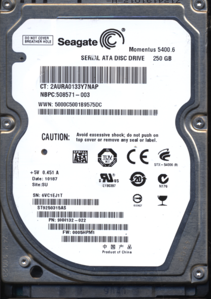 SEAGATE 250GB ST9250315AS 9HH132-022 SN 6VC 100535597 DONOR DRIVE