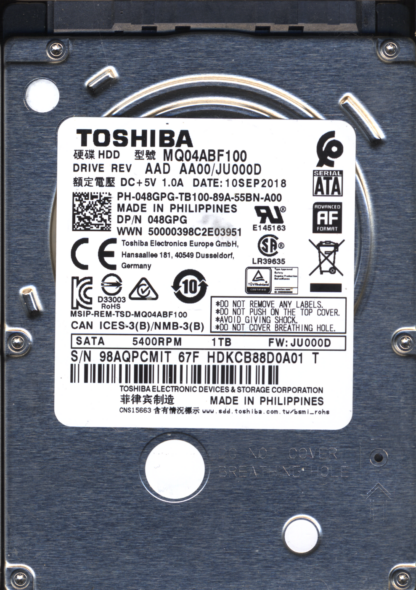 TOSHIBA 1TB MQ04ABF100 HDKCB88D0A01 FW: JU000D G4311A DONOR DRIVE