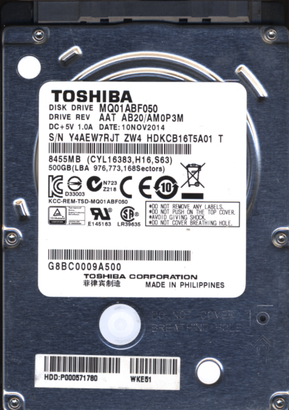 TOSHIBA 500GB MQ01ABF050 HDKCB16T5A01 G003235C DONOR DRIVE