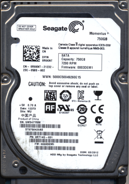 SEAGATE 750GB ST9750420AS 9RT14G-031 SN 5WS FW 0003DEM1 100619769 DONOR DRIVE