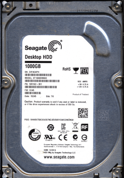 SEAGATE 1TB ST1000DM003 1ER162-301 SN Z4Y FW CC45 100749730 DONOR DRIVE