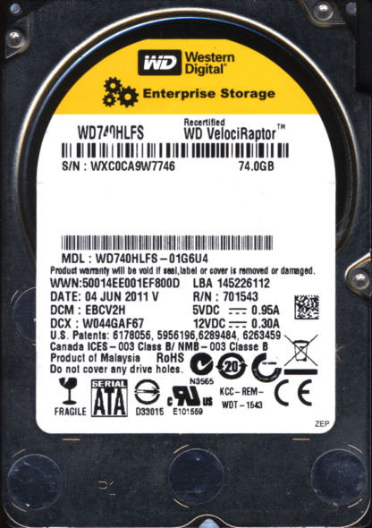 WD 74GB WD740HLFS-01G6U4 DCM EBCV2H V2 2060-701543-003 DONOR DRIVE