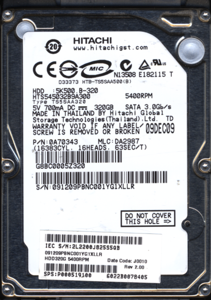 HITACHI 320GB HTS545032B9A300 0A70343 MLC DA2987 2200A9016101 DONOR DRIVE