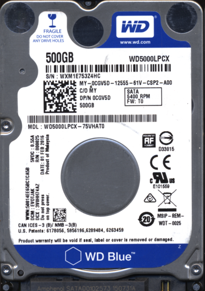 WD 500GB WD5000LPCX-75VHAT0 DCM EVOTJAK TJ 2060-800025-001 DONOR DRIVE