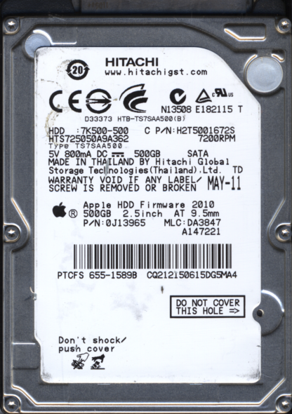 HITACHI 500GB HTS725050A9A362 0J13965 MLC DA3847 220 0A90161 01 DONOR DRIVE