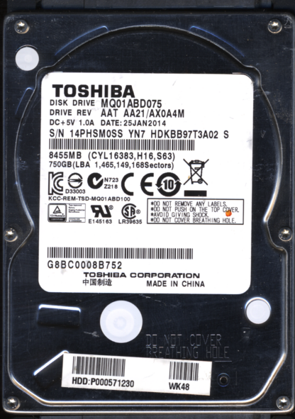 TOSHIBA 1TB MQ01ABD075 HDKBB97T3A02 G003138A DONOR DRIVE