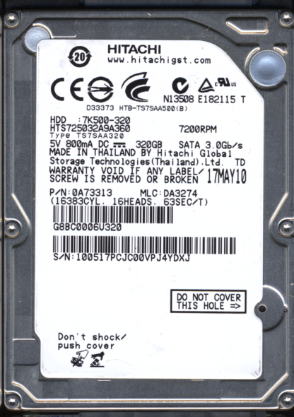 HITACHI 320GB HTS725032A9A360 0A73313 MLC DA3274 220 0A90161 01 DONOR DRIVE