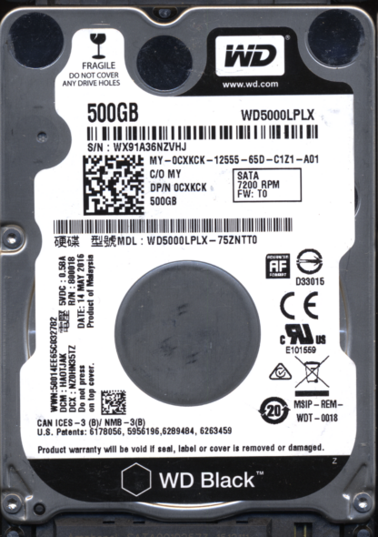 WD 500GB WD5000LPLX-75ZNTT0 DCM HAOTJAK TJ 2060-800018-001 DONOR DRIVE