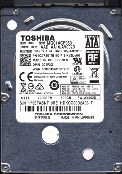 TOSHIBA 500GB MQ01ACF050 HDKCC00D2A03 FW: AV002D G003235C DONOR DRIVE