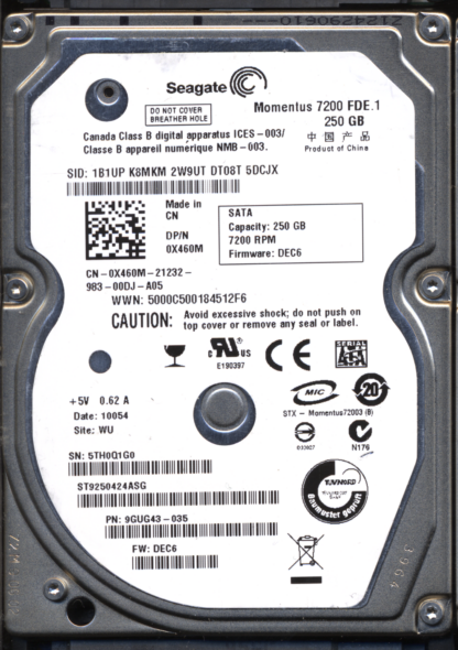 SEAGATE 250GB ST9250424ASG 9GUG43-035 SN 5TH DONOR DRIVE