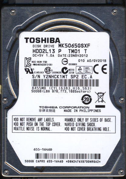 TOSHIBA 500GB MK5065GSXF HDD2L13 A0/GV201B G002825A DONOR DRIVE