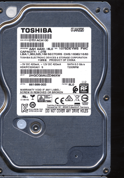 TOSHIBA 1TB DT01ACA100 HDKPC32H0A01 8L0 2200A9037701 DONOR DRIVE