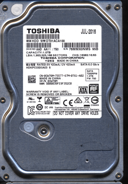 TOSHIBA 1TB DT01ACA100 HDKPC03D0A03 FW: 7S0 2200A9037701 DONOR DRIVE