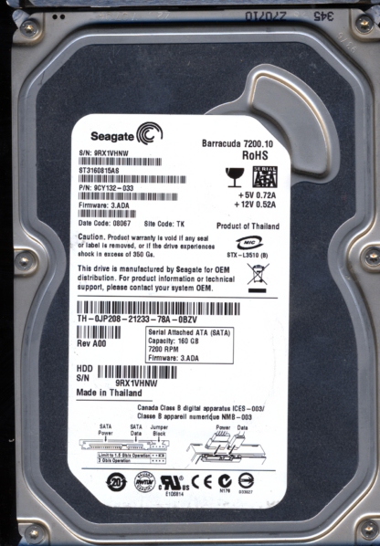 SEAGATE 160GB ST3160815AS 9CY132-033 SN 9RX FW 3.ADA 100428473 DONOR DRIVE