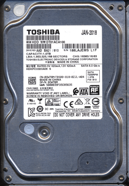 TOSHIBA 1TB DT01ACA100 HDKPC03D0A06 FW: 810 2200A9037701 DONOR DRIVE