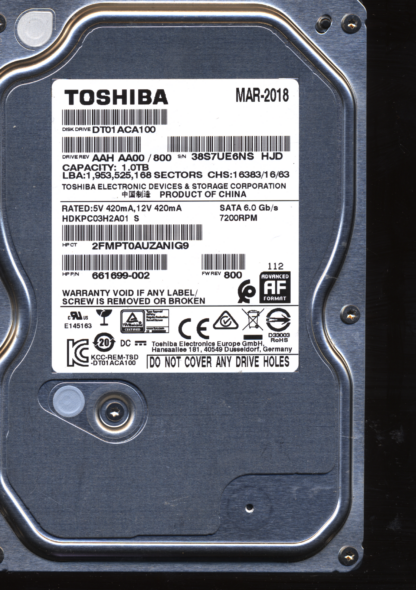 TOSHIBA 1TB DT01ACA100 HDKPC03H2A01 800 2200A9037701 DONOR DRIVE