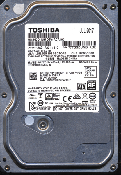 TOSHIBA 1TB DT01ACA100 HDKPC03D0A05 FW: 810 2200A9037701 DONOR DRIVE