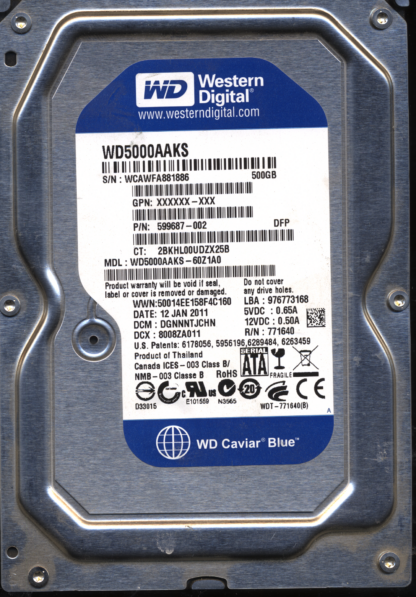 WD 500GB WD5000AAKS-60Z1A0 DCM DGNNNTJCHN TJ 2060-771640-003 DONOR DRIVE