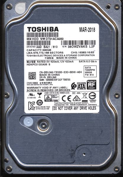 TOSHIBA 500GB DT01ACA050 HDKPC01 810 2200A9037701 DONOR DRIVE