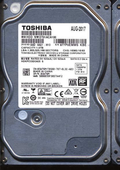 TOSHIBA 1TB DT01ACA100 HDKPC03D0A05 810 2200A9037701 DONOR DRIVE