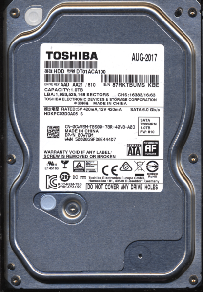 TOSHIBA 1TB DT01ACA100 HDKPC03D0A05 810 2200A9037701 DONOR DRIVE