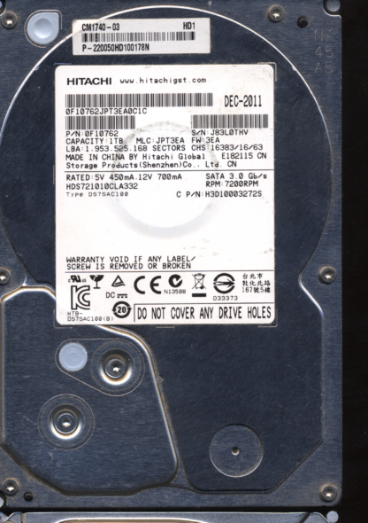 HITACHI 1TB HDS721010CLA332 0F10762 MLC JPT3EA 1100A9023301 DONOR DRIVE