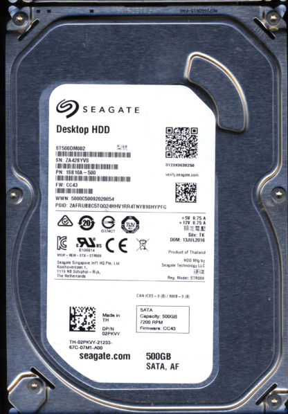 SEAGATE 500GB ST500DM002 1SB10A-500 SN ZA4 FW CC43 100774000 DONOR DRIVE