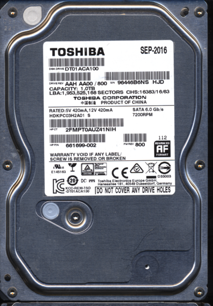 TOSHIBA 1TB DT01ACA100 HDKPC03H2A01 800 2200A9037701 DONOR DRIVE