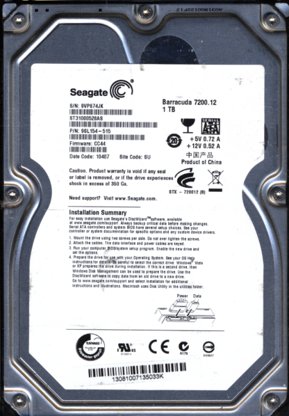 SEAGATE 1TB ST31000528AS 9SL154-515 SN 9VP FW CC44 100535537 DONOR DRIVE