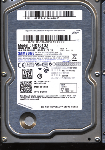 SAMSUNG 160GB HD161GJ FW 1AC01122 1-00204B R00 DONOR DRIVE