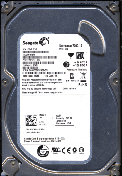 SEAGATE 250GB ST3250312AS 9YP131-520 SN 9VY FW JC49 100535704 DONOR DRIVE