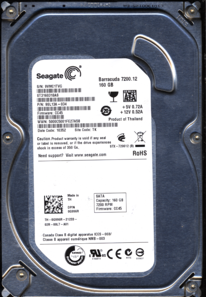 SEAGATE 160GB ST3160318AS 9SL13A-034 SN 9VM FW CC45 100535704 DONOR DRIVE