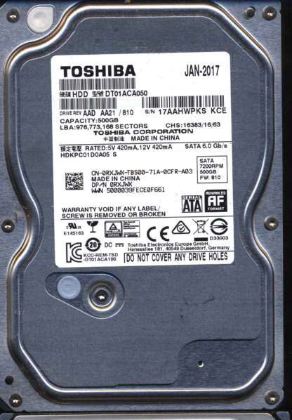 TOSHIBA 500GB DT01ACA050 HDKPC01D0A05 810 2200A9037701 Donor Drive