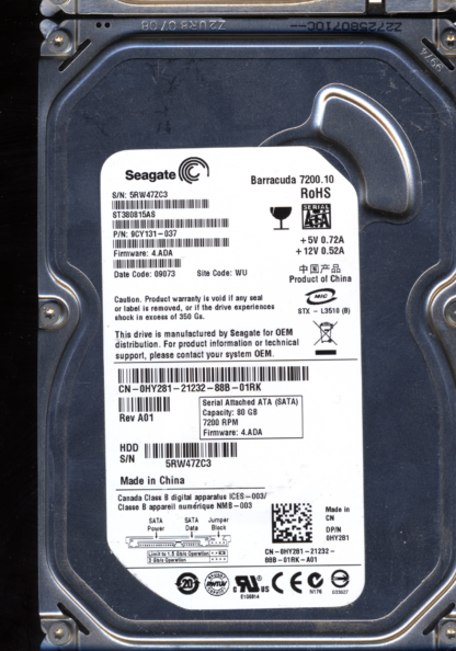 SEAGATE 80GB ST380815AS 9CY131-037 SN 5RW FW 4.ADA 100470387 DONOR DRIVE