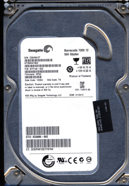 SEAGATE 500GB ST3500413AS 9YP142-022 SN Z2A FW HP64 100535704 DONOR DRIVE